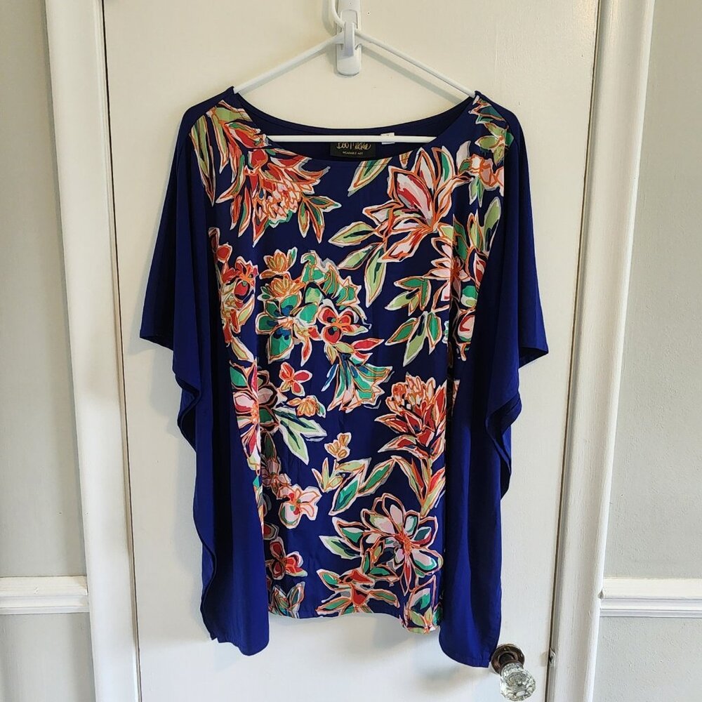 Bob Mackie Size 1X Blue Tropical Floral Tunic Top Blouse Orange Pink Green